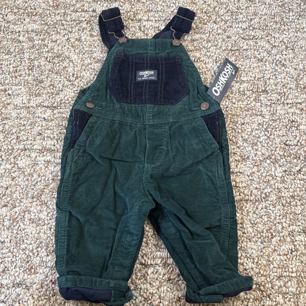 OshKosh B'gosh Green Blue Cordury Cotton Overalls Size 9M Baby Outfit New